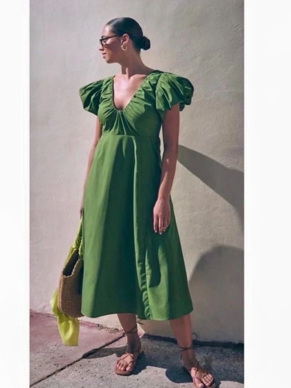 Abercrombie Green Midi Dress Puff Sleeves